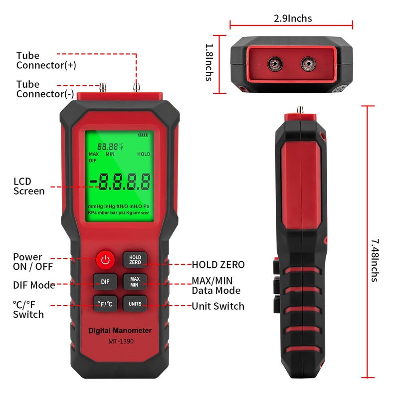YZTMETER YZT Digital Manometer - Air, Gas Pressure Meter with Differential Gauge and Dual-Port Tester (9v Battery Included) - Image 4